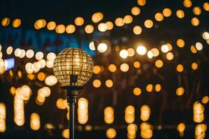 un iluminado lámpara en frente de un multitud de gente. generado por ai foto