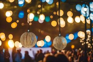 a group of people at an outdoor event with lights. AI-Generated photo