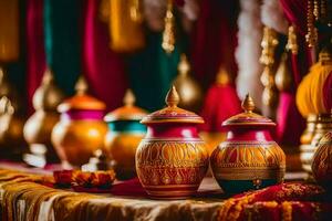 colorful vases on a table with colorful decorations. AI-Generated photo