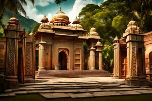 a temple in the middle of a lush green area. AI-Generated photo