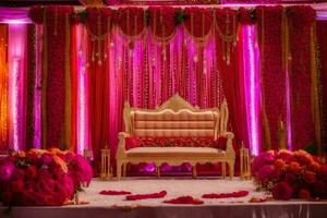 a wedding stage decorated with pink and gold flowers. AI-Generated photo