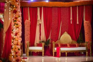 a red and gold wedding stage with gold furniture. AI-Generated photo