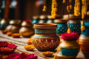 a table with colorful vases and flowers. AI-Generated photo