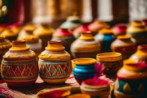 colorful pottery on display at a market. AI-Generated photo