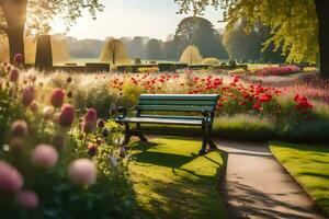 a bench sits in a park surrounded by flowers. AI-Generated photo