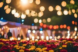 a field of flowers with lights and bokeh. AI-Generated photo