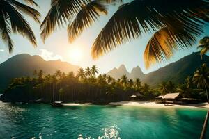 the sun shines over a tropical island with palm trees. AI-Generated photo