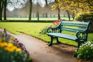 a green bench sits in a park surrounded by flowers. AI-Generated photo