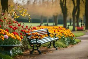 a park bench is surrounded by colorful flowers. AI-Generated photo