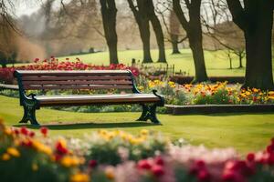 a bench sits in a park surrounded by flowers. AI-Generated photo