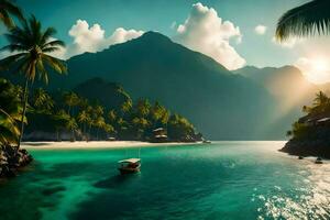 the sun shines on a tropical island with palm trees and a boat. AI-Generated photo