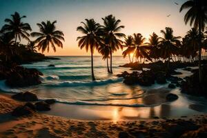 the sun sets on the beach in dominica. AI-Generated photo