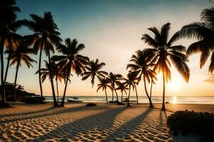 palma arboles en un playa a puesta de sol. generado por ai foto