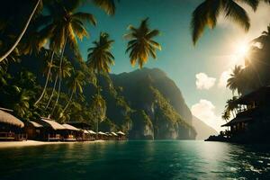 a tropical island with palm trees and huts. AI-Generated photo