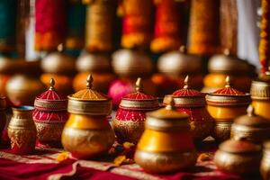 gold and red pots on a red table. AI-Generated photo