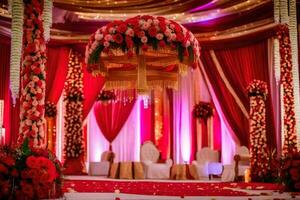 a wedding stage decorated with red and white flowers. AI-Generated photo