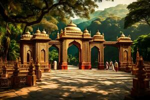 the entrance to a temple in the middle of a forest. AI-Generated photo