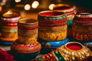 colorful diyas and candles on a table. AI-Generated photo