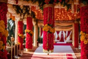 indian wedding decor with red and yellow flowers. AI-Generated photo