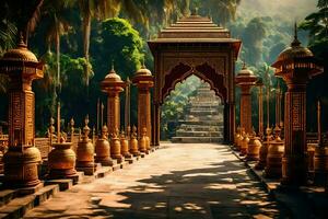 an ornate entrance to a temple in the jungle. AI-Generated photo