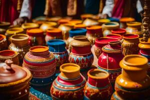 colorful pots and vases are displayed on a table. AI-Generated photo