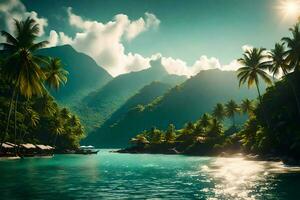 photo wallpaper the sky, mountains, water, palm trees, beach, sun, mountains, water. AI-Generated