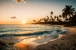 the sun sets on the beach in the caribbean. AI-Generated photo