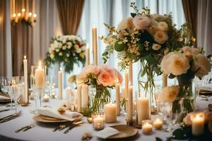 a table with candles and flowers. AI-Generated photo