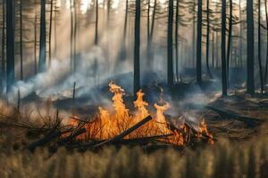 a fire burns in the middle of a forest. AI-Generated photo