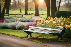 a park bench in a garden with flowers and trees. AI-Generated photo