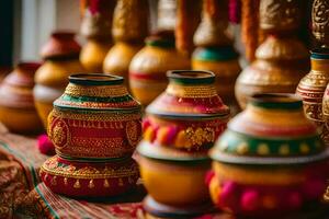 many colorful vases are on display in a room. AI-Generated photo