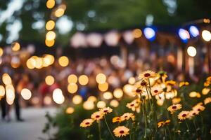 un grupo de personas son en pie en frente de un multitud de flores generado por ai foto