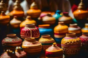 colorful pottery on display at a market. AI-Generated photo