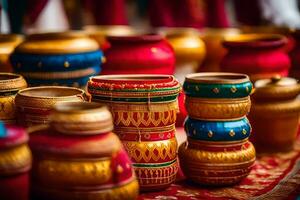 colorful pots and bowls on display at a market. AI-Generated photo