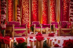 a wedding stage with red chairs and gold decorations. AI-Generated photo