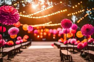 pink and orange flowers are set up in a field. AI-Generated photo