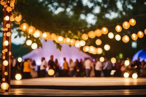 a wedding reception with lights and people. AI-Generated photo