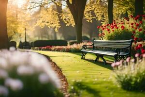 a park bench is in the middle of a grassy field. AI-Generated photo