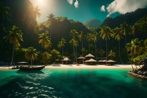 photo wallpaper the sea, palm trees, boat, beach, tropical island, sunset, the sun. AI-Generated