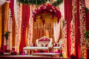 an indian wedding stage decorated with red and gold. AI-Generated photo