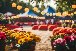 flores en ollas a un Boda recepción. generado por ai foto