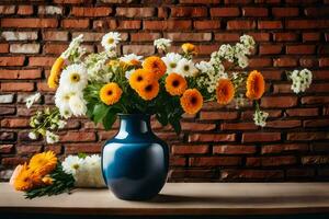 a vase with flowers on a table in front of a brick wall. AI-Generated photo