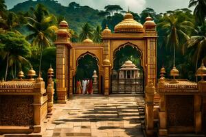 un dorado portón con un templo en el antecedentes. generado por ai foto