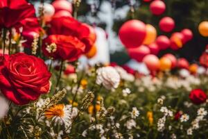 red roses and balloons in a field. AI-Generated photo