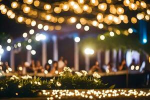 a wedding reception with lights and flowers. AI-Generated photo