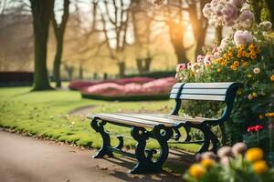 a bench in a park with flowers and trees. AI-Generated photo