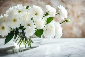 white flowers in a glass vase on a marble counter. AI-Generated photo