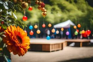 a flower and a bunch of balloons hanging from a tree. AI-Generated photo