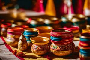 indian wedding decor with colorful pots and bowls. AI-Generated photo