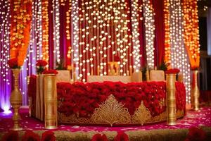 a wedding stage decorated with red and gold flowers. AI-Generated photo